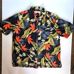 100% silk Island Republic Hawaiian Bird of Paradise Leaves Floral shirt sz M